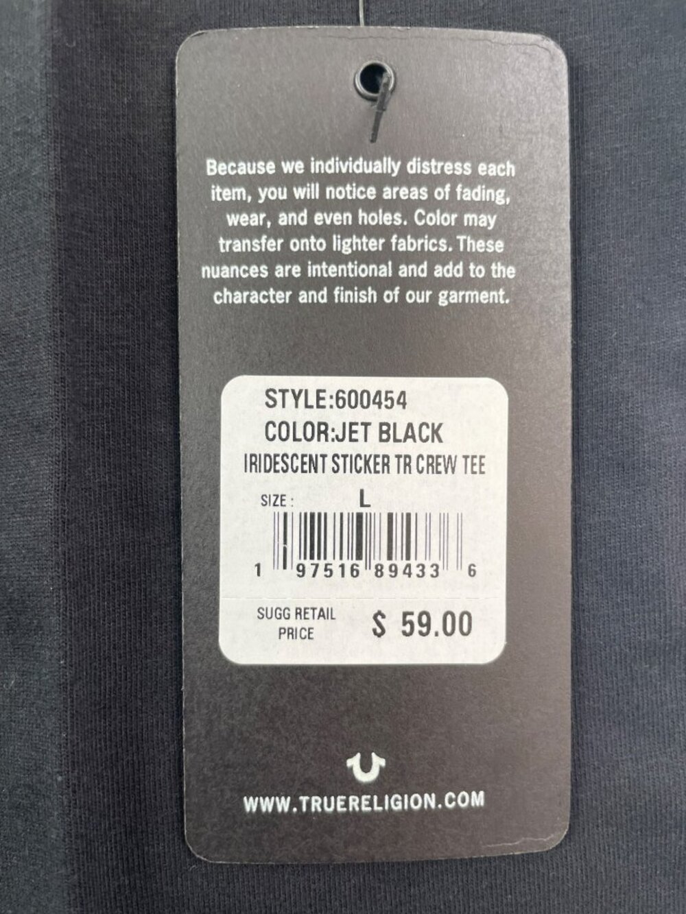 True Religion Iridescent Sticker Logo Jet Black Crew Tee Cotton Wmns Sz L $59NWT - Picture 5 of 5